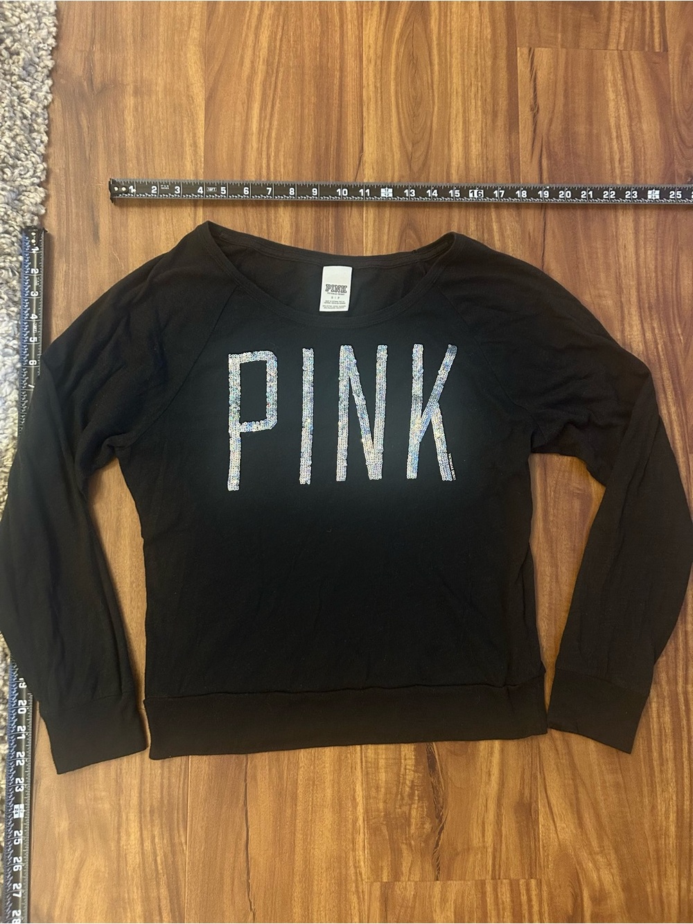 PINK Victoria's Secret Black  Sweatshirt Long sleeve Top Sequin Logo